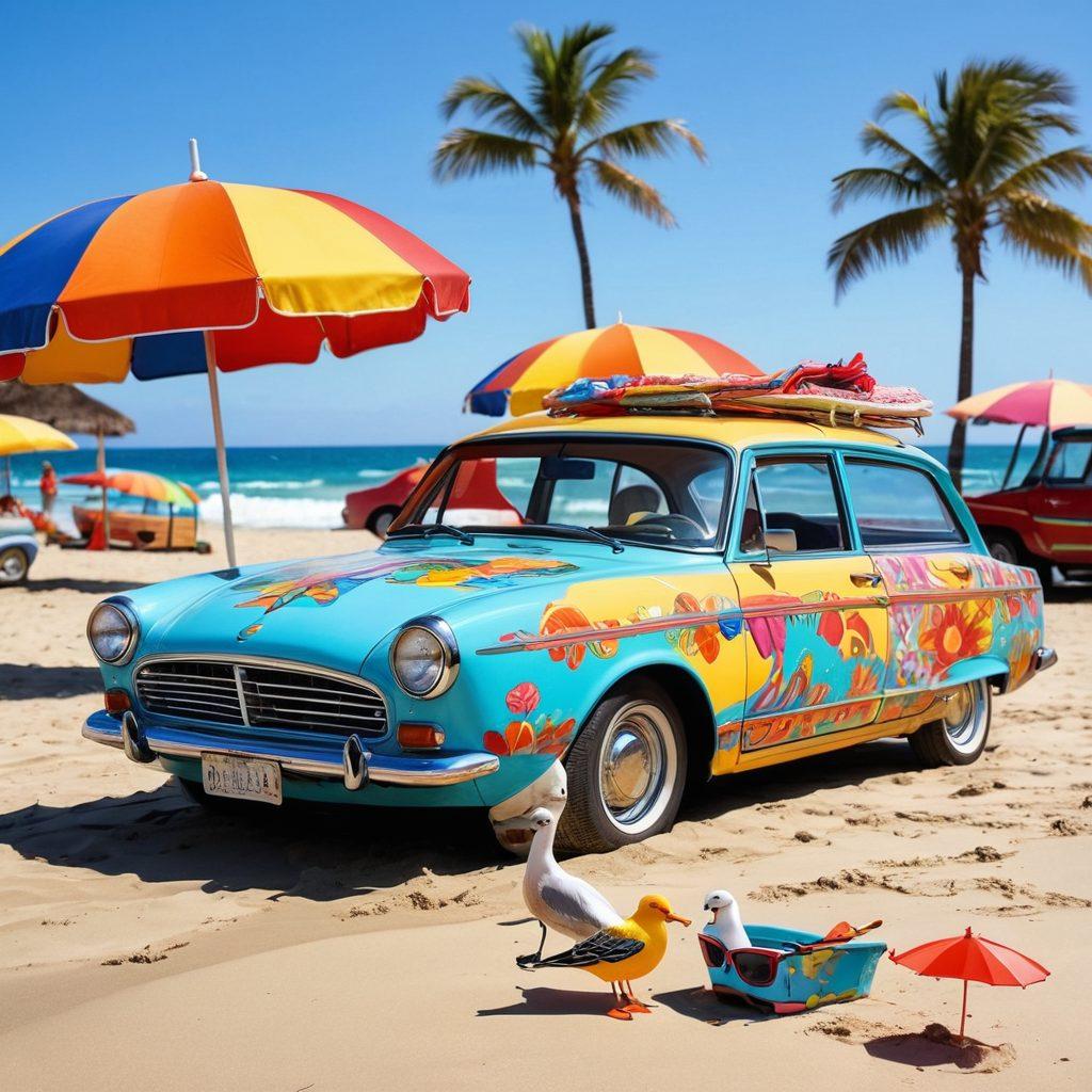 A whimsical beach scene featuring a sad-looking car parked on the sand, adorned with bright and comical bikini patterns draped over its body. In the background, cheerful waves crashing and colorful beach umbrellas scattered around. A playful seagull perched on top of the car, wearing tiny sunglasses, adds to the humor. The overall atmosphere is lively and fun, capturing the hilarity of beachwear for cars. vibrant colors. cartoon style. bright sunny day.