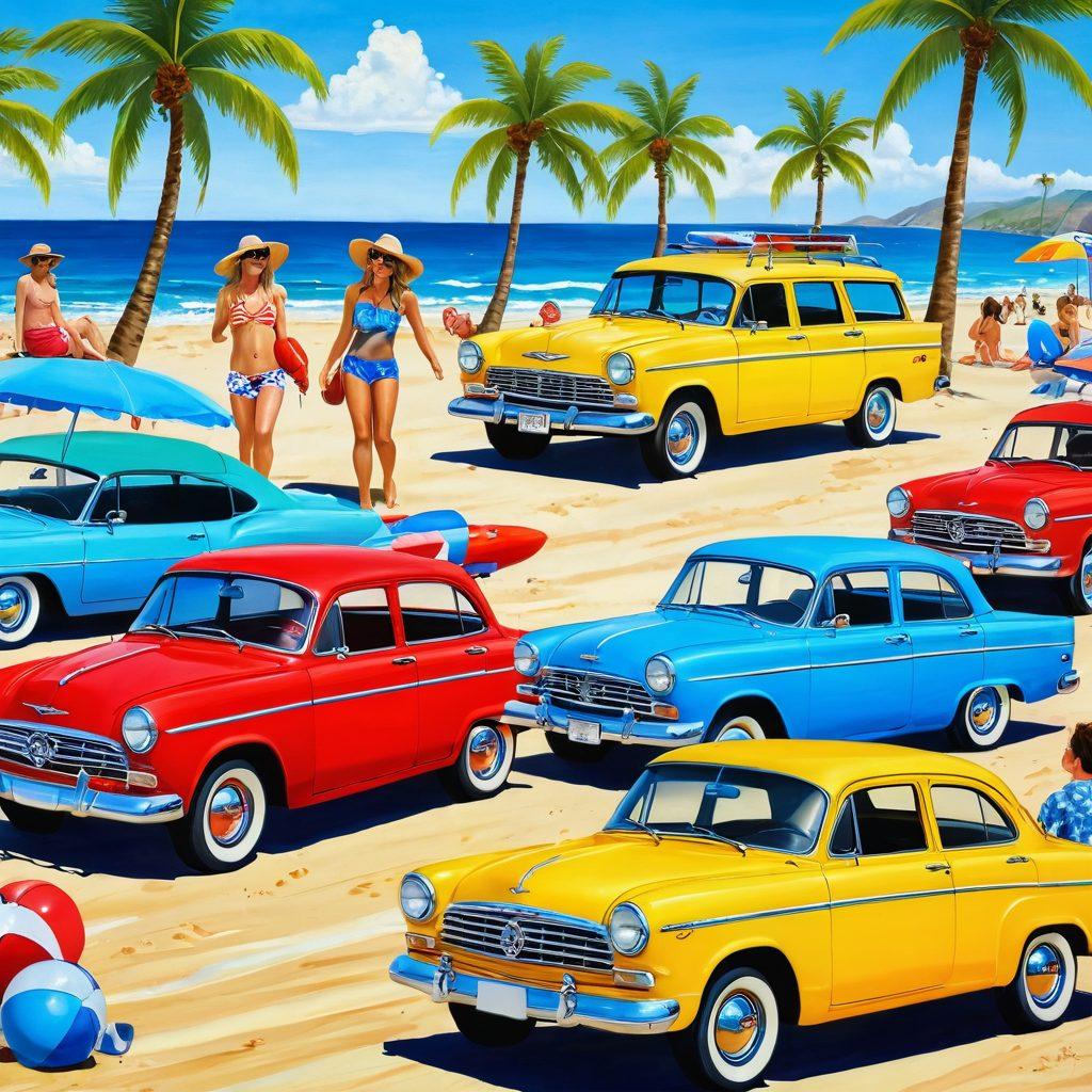 A vibrant beach scene featuring cars dressed in fun, colorful beachwear like Hawaiian shirts, sun hats, and flip-flops. Surrounding them are lively beachgoers laughing and enjoying the sun, with palm trees and a bright blue sky in the background. Add whimsical touches like beach balls and surfboards resting against the cars. The overall mood is lighthearted and playful, capturing a unique fusion of automotive and beach culture. cartoon style. bright colors. sunny atmosphere.