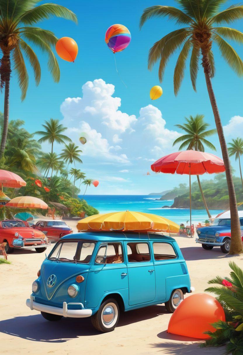 A whimsical scene featuring a lively beach party with colorful beach umbrellas, laughter, and people dancing around a vibrant car decorated with tropical motifs and balloons. The car should be parked on a sunny beach, with surfboards leaning against it and a playful dog jumping around. Include lively ocean waves in the background and palm trees swaying in the breeze. A bright blue sky filled with fluffy clouds adds to the cheerful atmosphere. vibrant colors. cartoon style. summer theme.